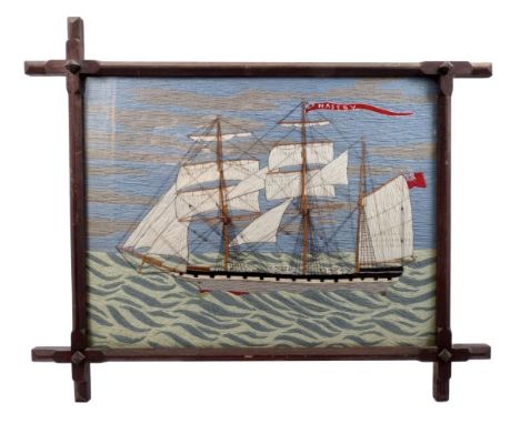 19th century woolwork ship portrait, the three masted ship named 'Nasby', 42cm x 56cm in glazed oak frame  CONDITION REPORT F