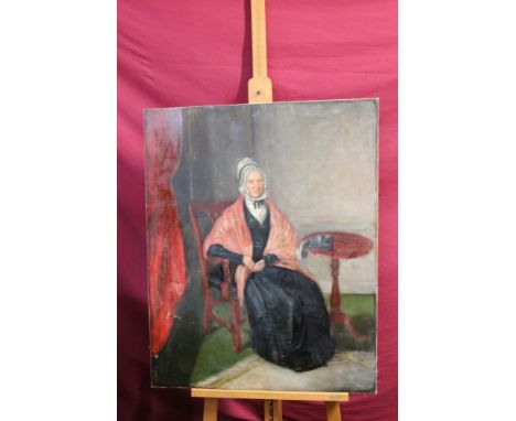 Pair of Victorian English School oils on canvas - portraits of a seated gentleman with lamp and a lady seated with her knitti