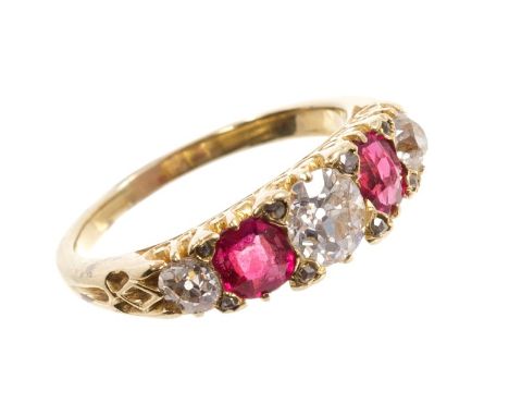 Late Victorian diamond and ruby five stone ring with three old cut diamonds and two mixed cut rubies with rose cut diamond ac