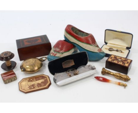 Victorian Tunbridge Ware string box, cotton spool and trinket box, American Exhibition London 1887 season ticket and sundries
