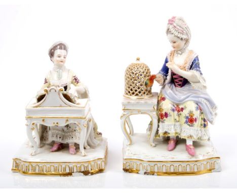 Two 19th century Meissen porcelain figures from the Senses Series after Johann Schoenheit - lady with a parrot in cage on tab