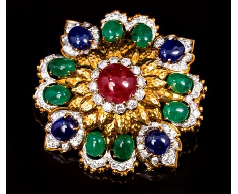 Gold and multi-gem pendant / brooch, by David Webb, of bombe design, centering upon a cabochon ruby, within a circular cut di