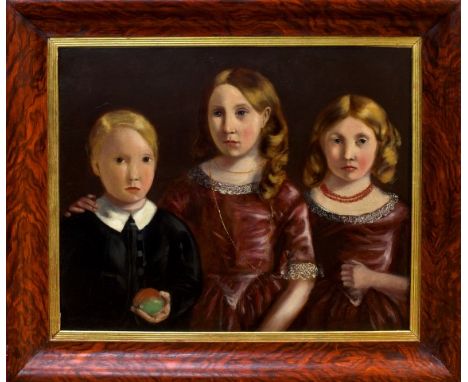 Victorian English School oil on canvas - portrait of three children, in faux rosewood frame, 62.5cm x 75.5cm CONDITION REPORT