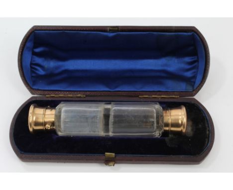 Victorian gilt metal mounted double-ended scent bottle by Sampson Mordan &amp; Co. London, faceted clear glass vessel with on