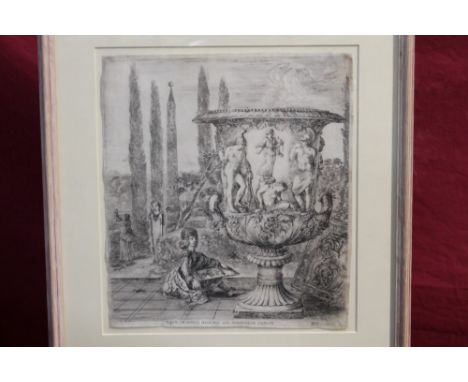 Steffano Bella Bella (1610-1664), etching - landscape with Medici vase, 31cm x 27cm, in glazed frame.Provenance: Purchased fr