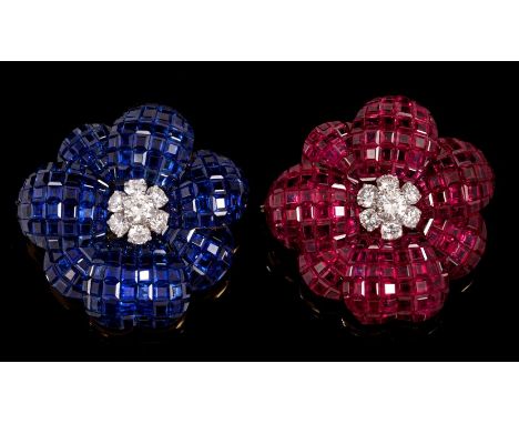 Fine pair of sapphire, ruby and diamond clips / brooches by Sabbadini, each designed as a flower head, the petals set with ru