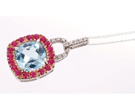 White gold (14k) blue topaz, ruby and diamond pendant on chain, 28mm CONDITION REPORT Please note that as a result of recent 
