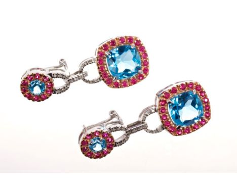 Pair of white gold (14k) blue topaz, ruby and diamond pendant earrings, 40mm CONDITION REPORT Please note that as a result of