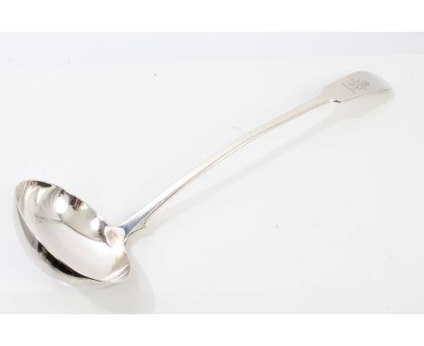 Early Victorian Scottish silver fiddle pattern soup ladle with engraved armorial crest (Edinburgh 1837), maker - A. G. W.  Al