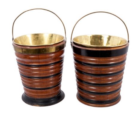 Two similar late 18th / early 19th century Anglo-Dutch fruitwood and ebonised peat buckets, each with brass liner and swing h