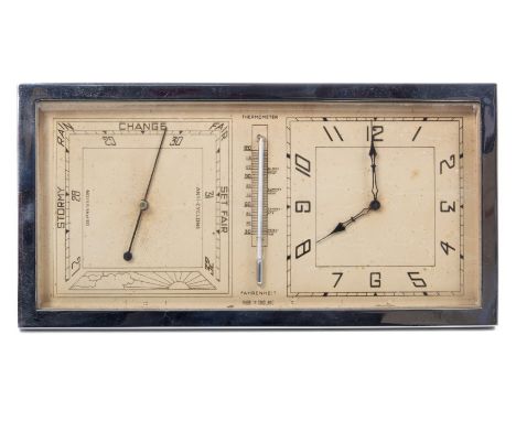 1930s Art Deco combined desk timepiece, aneroid barometer and thermometer in rectangular chrome plated case with easel back, 