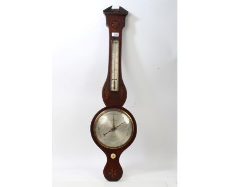 George III banjo-shaped barometer / thermometer with silvered dial, signed - 'B. Fevari Beccles', in shell marquetry inlaid m