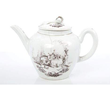 Rare 18th century Worcester black printed small teapot and cover with 'Peeping Tom' pattern decoration.  Provenance:  Ex-Hand