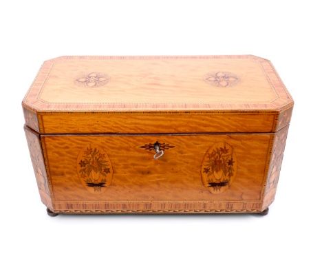 Good George III satinwood, kingwood crossbanded and marquetry inlaid tea caddy of large size, canted rectangular form, with f