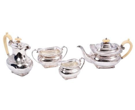 Fine quality 1930s silver four piece tea set - comprising teapot of compressed baluster form, with gadrooned and shell border