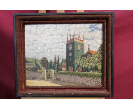 Victorian English School oil on canvas - The Village Church, an oil on board - cattle before an arch, initialled and dated 19
