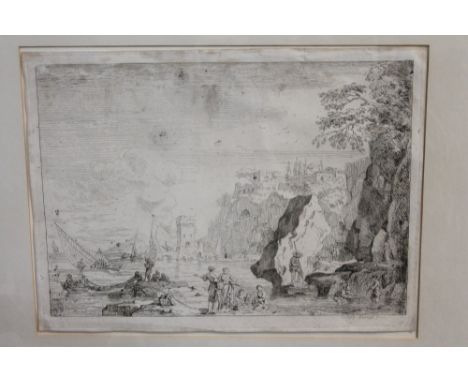 Claude Joseph Vernet (1714-1789), etching - beach scene with figures and square tower, plate 22cm x 30cm, in glazed frame.Pro