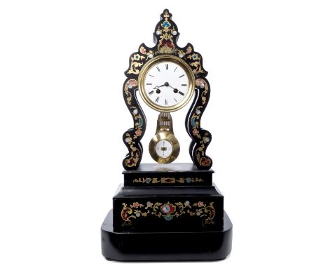 Mid-19th century French mantel clock with white enamel dial, eight day movement in ornate ebonised and brass and mother of pe