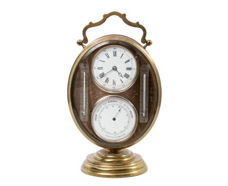 Late Victorian combined desk timepiece aneroid barometer and thermometer in oval brass case with carrying handle, with two wh