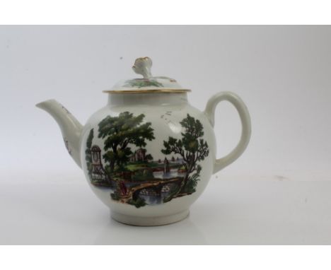 18th century Worcester Hancock printed and painted teapot and cover, circa 1765, decorated with figures on bridges and classi