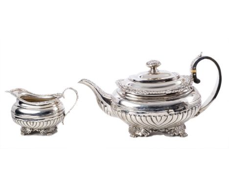 George III silver teapot of half fluted form, with gadrooned leaf and vase border, engraved initials, wide silver scroll hand