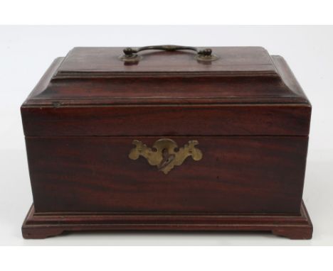 Early George III mahogany tea caddy with surmounting handle raised on bracket feet, the interior with original pewter lidded 