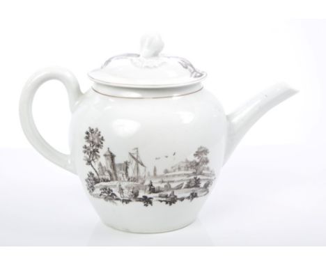 18th century Worcester Hancock printed teapot and cover decorated with the Anchorage and the Haven, circa 1758 - 1760, 20cm w