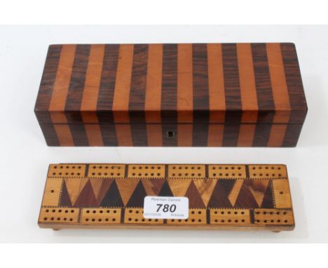 Victorian specimen wood cribbage board raised on ball feet with peg compartment below, 27cm wide, together with a Victorian r