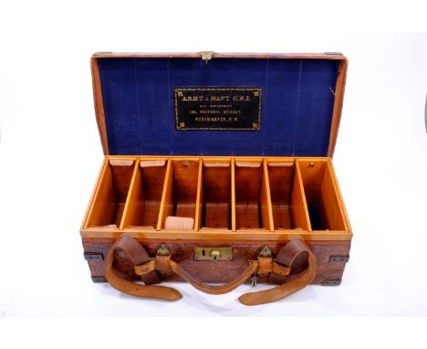 Good quality Victorian brass bound leather cartridge case by Army & Navy, with seven-division oak lining and interior, adjust