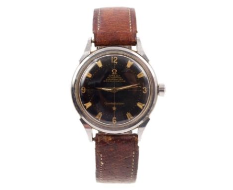 1950s gentlemen's Omega Automatic Chronometer Constellation wristwatch with stylish black dial with Arabic and dart batons, d