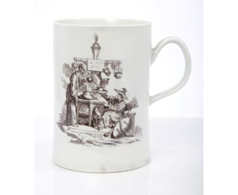 Rare 18th century Worcester cylindrical mug with Hancock printed 'Le Feu' and 'La Terre' after Boucher decoration, circa 1760