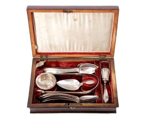 Early 19th century Dutch silver travelling tea making set - comprising twelve teaspoons, caddy spoon, sugar scoop and tongs a