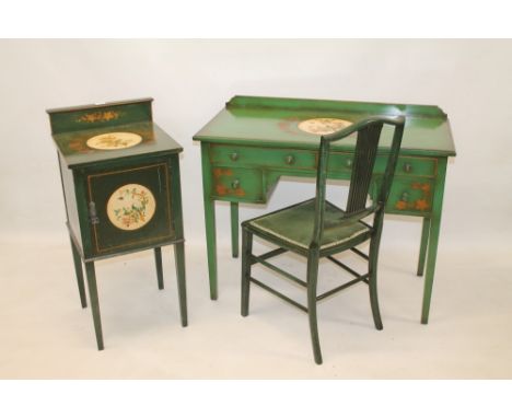 Suite of Regency-style green lacquered bedroom furniture, each piece with gilt heightened ornament - including single bed, dr