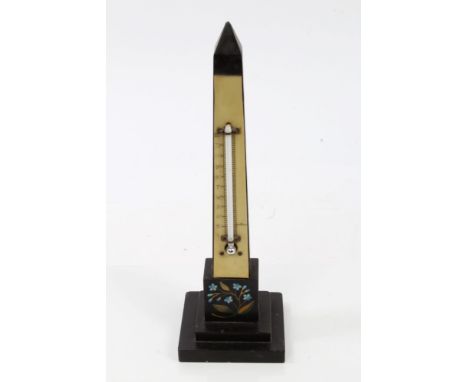 19th century Continental pietra dura obelisk-form thermometer with applied engraved scale above foliate inlaid panel, on step