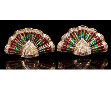 Fine pair diamond and multi-gem ear clips, by Adler, each designed as a fan and centred with a trillion cut diamond estimated