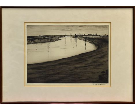 *Christopher Richard Wynne Nevinson (1896-1946) drypoint etching - Ebb tide, Rye 1918, signed in pencil 26cm x 36cm, in glaze