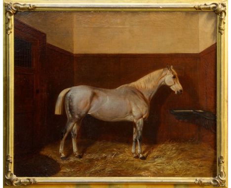Victorian English School oil on canvas - a grey hunter in stable, signed with monogram and dated 1863, in gilt frame, 50cm x 