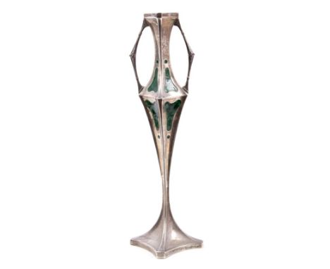 Edwardian silver and enamel Art Nouveau-style bud vase of tapering square section, with twin foliate handles and inset green 