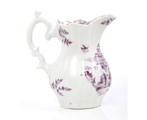 18th century Worcester helmet-shaped cream jug with painted purple monochrome with Chinese figures, birds and flora, circa 17