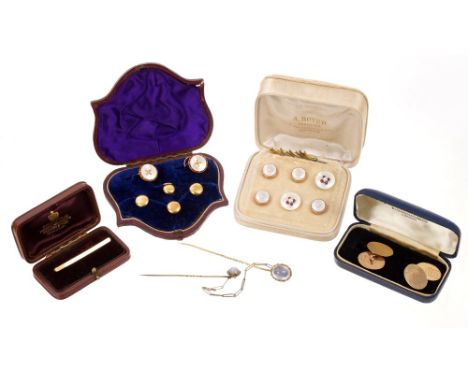 Pair gold (9ct) cufflinks, dress studs, tie pin and two stick pins