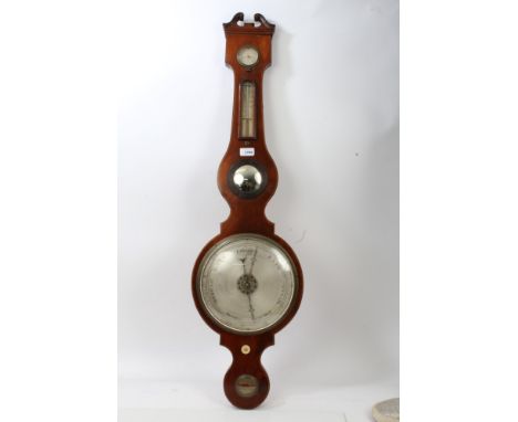 Regency inlaid mahogany banjo-shaped barometer / thermometer with silvered dials, signed - Fisher, Woodbridge, 108cm overall