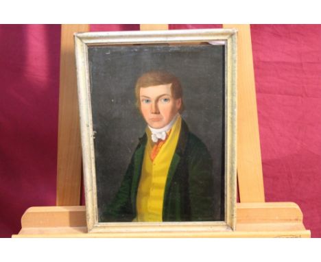 Early 19th century English School oil on panel - portrait of a gentleman in yellow waistcoat and green coat, in gilt frame, 3