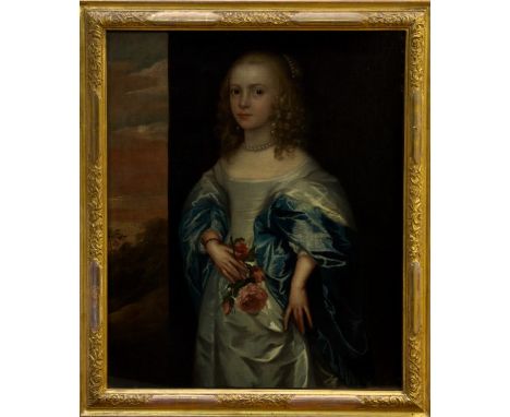 Circle of Peter Lely (1618 - 1680), oil on canvas - half-length portrait of a young girl in blue silk gown before a window, h