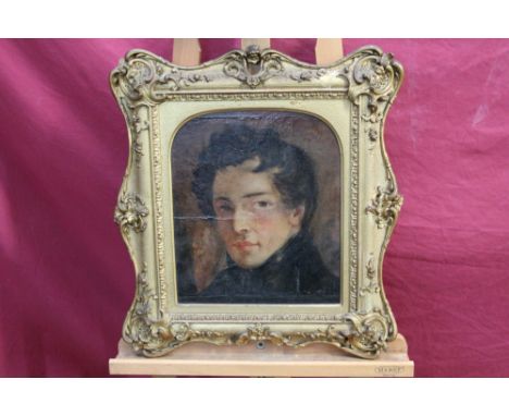 Early 19th century English School oil on paper laid on board - head and shoulders portrait of a gentleman, in ornate gilt fra