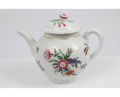 18th century Worcester teapot and cover with polychrome painted floral decoration and moulded flower-head knop, approximately