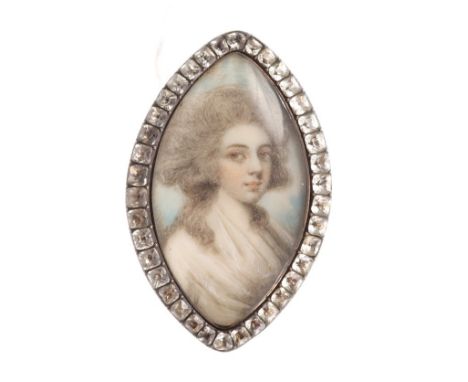 Georgian yellow metal and paste set navette-shaped brooch with finely painted miniature portrait of an attractive lady in whi