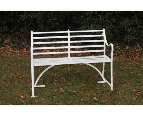 19th century white painted iron bench with bar back and seat on square supports, 123cm wide