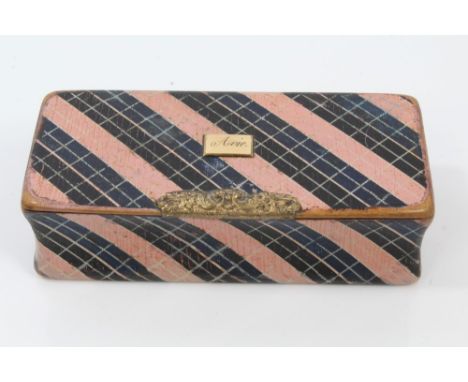 Regency tartan ware snuff box of slightly waisted form, the hinged cover centred by applied gilt plaque engraved - 'Avie', wi