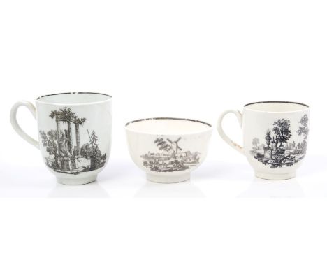Two 18th century Worcester Hancock printed coffee cups with classical ruin decoration and similar tea bowl with windmill deco