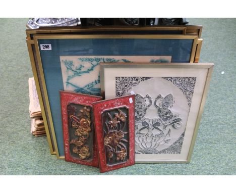 Collection of assorted Balinese Framed Pictures and 2 Asian Floral carved furniture panels 